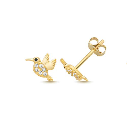 9k Yellow Gold Cz Humming Bird Stud Earrings - 5.8x7.5 mm - Image 1