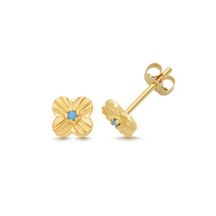 9k Yellow Gold Turquoise Clover Stud Earrings - 6.5x6.5 mm