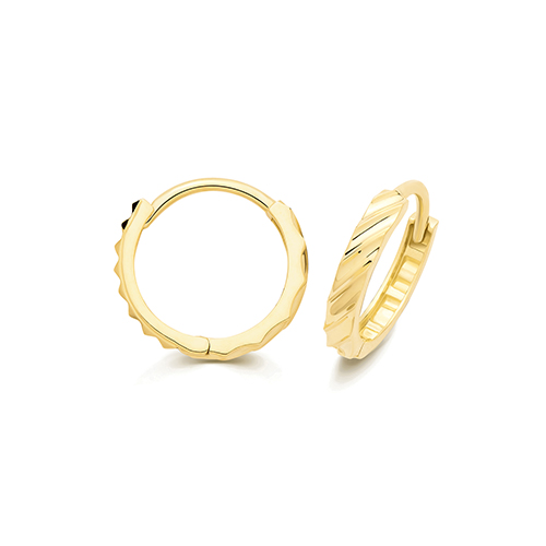 9k Yellow Gold Diamond Cut Huggie Earrings - 12x2 mm - Image 1
