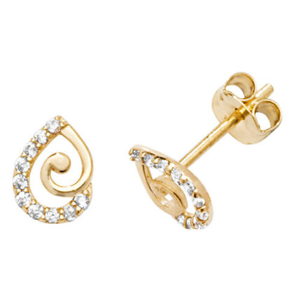 9k Yellow Gold Pear Plain and Cz Swirl Stud Earrings - 7.3 mm