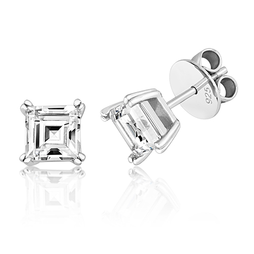 925 Sterling Silver Twin Claw Cz Asscher Cut Studs - 6.5 mm - Image 1