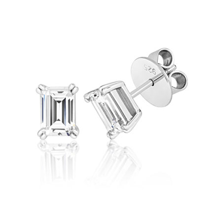 925 Sterling Silver Twin Claw Cz Emerald Cut Studs - 7x5 mm