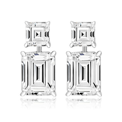 925 Sterling Silver Claw Set Drop Asscher and Emerald Cut Cz Earrings - 5 x 7x9 mm