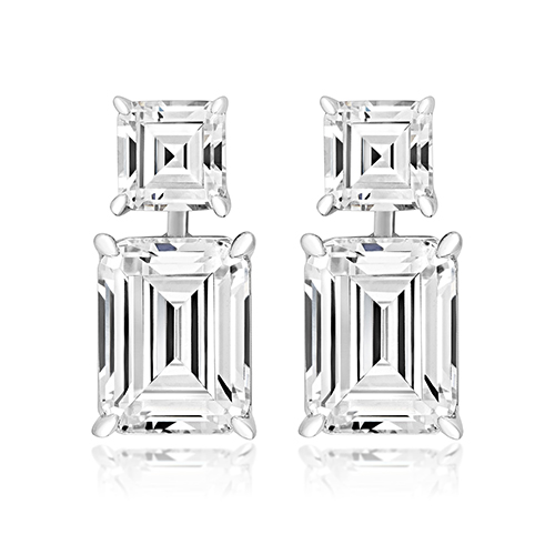 925 Sterling Silver Claw Set Drop Asscher and Emerald Cut Cz Earrings - 5 x 7x9 mm - Image 1