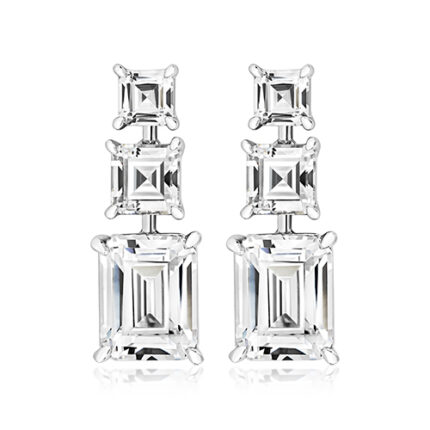 925 Sterling Silver Claw Set Triple Drop Asscher and Emerald Cut Cz Earrings - 4 x 5 x 7x9 mm