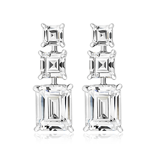 925 Sterling Silver Claw Set Triple Drop Asscher and Emerald Cut Cz Earrings - 4 x 5 x 7x9 mm - Image 1