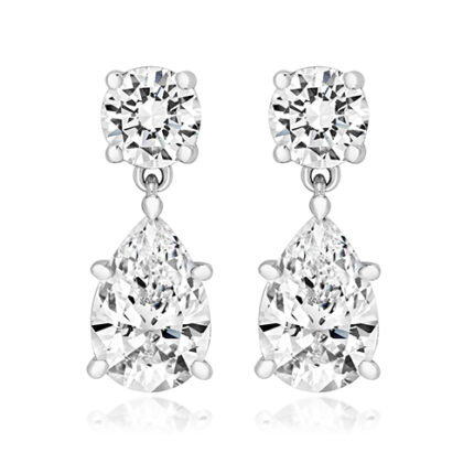 925 Sterling Silver Claw Set Drop Pear and Round Cut Cz Earrings - 5 x 9x6 mm