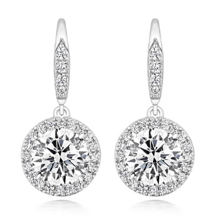 925 Sterling Silver Round Halo Cz Drop Earrings - 6 mm