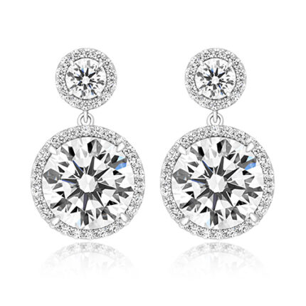 925 Sterling Silver Round Halo Cz Double Drop Earrings - 9x4 mm