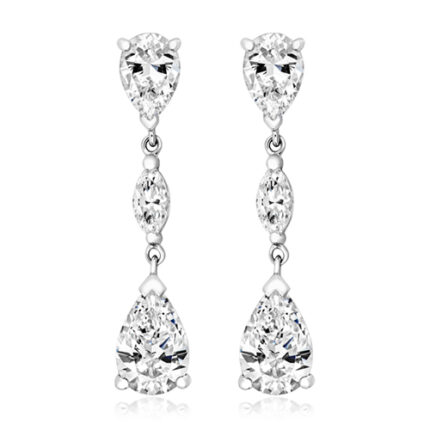 925 Sterling Silver Marquise and Pear Shaped Cz Triple Drop Earrings - 9x6 mm