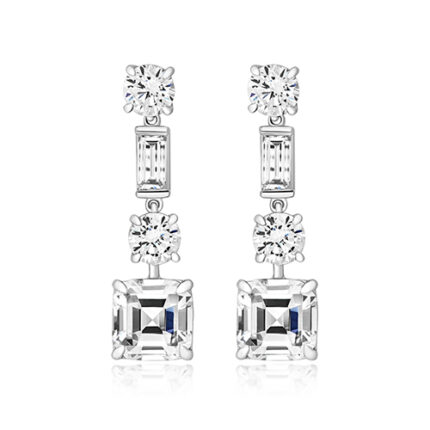 925 Sterling Silver Round Baguette and Asscher Shaped Cz Drop Earrings - 7 mm