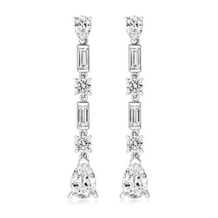 925 Sterling Silver Pear Round & Baguette Cz Drop Earrings - 9x6 mm