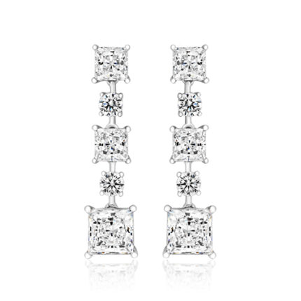 925 Sterling Silver Round and Princess Cut Cz Drop Earrings - 7 mm