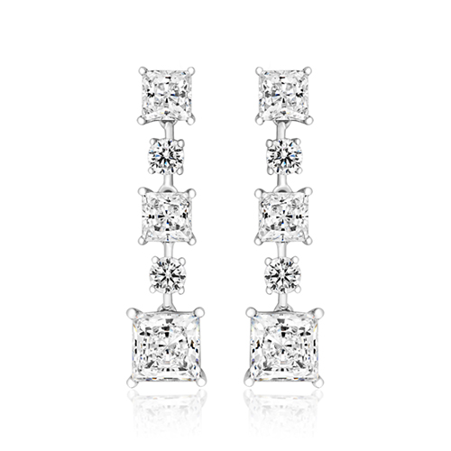 925 Sterling Silver Round and Princess Cut Cz Drop Earrings - 7 mm - Image 1