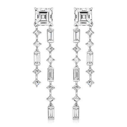 925 Sterling Silver Double Strand Asscher Square and Baguette Cut Cz Drop Earrings - 8 mm
