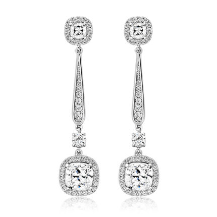 925 Sterling Silver Halo Style Cushion Cut Cz Drop Earrings - 7x4 mm