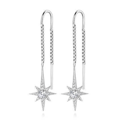 925 Sterling Silver Pave Set Star and Box Chain Cz Drop Earrings