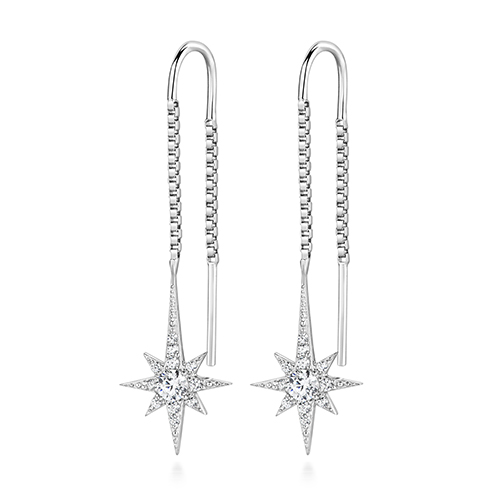 925 Sterling Silver Pave Set Star and Box Chain Cz Drop Earrings - Image 1