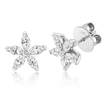 925 Sterling Silver Marquise Cut Flower Cz Stud Earrings - 4.5x2.5 mm