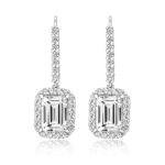 925 Sterling Silver Halo Set Emerald Cut Cz Drop Earrings - 8x6 mm