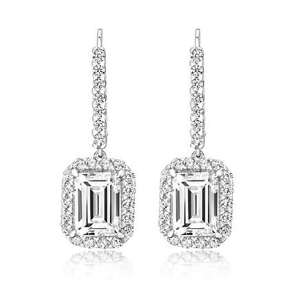925 Sterling Silver Halo Set Emerald Cut Cz Drop Earrings - 8x6 mm