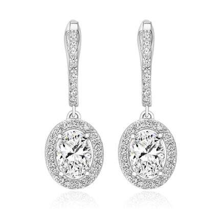 925 Sterling Silver Halo Set Oval Cut Cz Drop Earrings - 8x6 mm