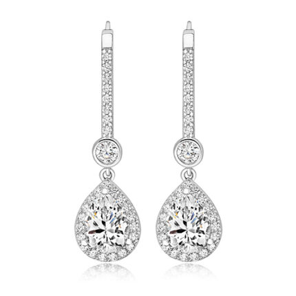 925 Sterling Silver Halo Set Pear Cut and Round Cz Drop Earrings - 8x6x3 mm