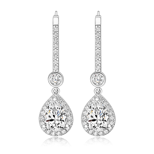 925 Sterling Silver Halo Set Pear Cut and Round Cz Drop Earrings - 8x6x3 mm - Image 1