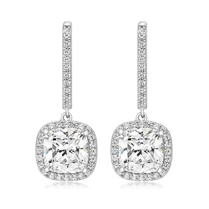 925 Sterling Silver Halo Set Cushion Cut Cz Drop Earrings - 8 mm