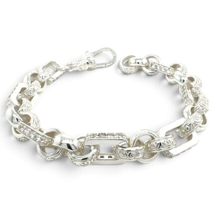 925 Sterling Silver Stone Set and Patterned Gypsy Link Bracelet - 10.5 x 10 mm