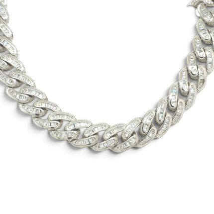 925 Sterling Silver Baguette and Round Cz Cuban Chain - 11.5 mm