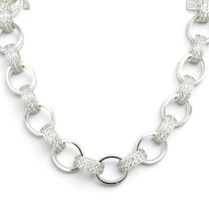 925 Sterling Silver Oval Shaped Belcher Chain Stone set and Patterned - 12 mm