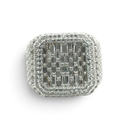 925 Sterling Silver Iced out Round and Baguette Square Signet Ring - SR00240