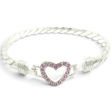 925 Sterling Silver Pink Cz Open Heart Hook Bangle - 16x6 mm