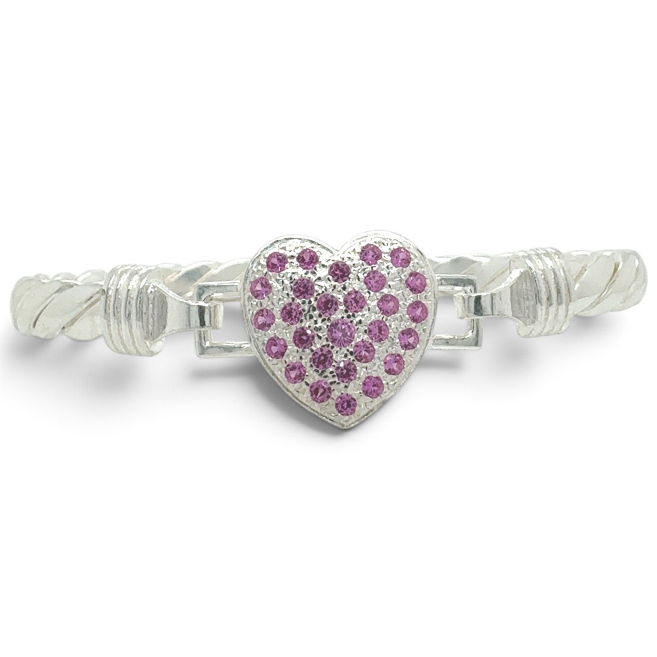 925 Sterling Silver Pink Cz Heart Hook Bangle - 18x6 mm - Image 1