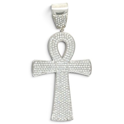 925 Sterling Silver Ankh Cz Pendant  - 66x33 mm