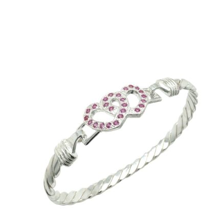 925 Sterling Silver Pink Cz Double Open Heart Hook Bangle - 14x6 mm