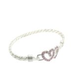 925 Sterling Silver Pink Cz Double Open Heart Hook Bangle - 14x6 mm - Image 2