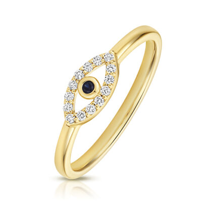 9k Yellow Gold Lab Grown Diamond and Sapphire Evil Eye Ring