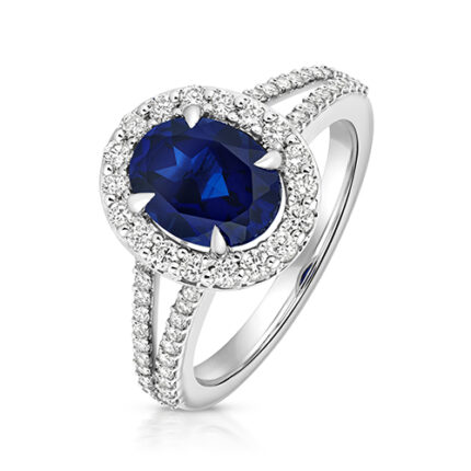 9k White Gold Halo Lab Grown Diamond and Oval Sapphire Ring