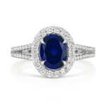 9k White Gold Halo Lab Grown Diamond and Oval Sapphire Ring - Image 2