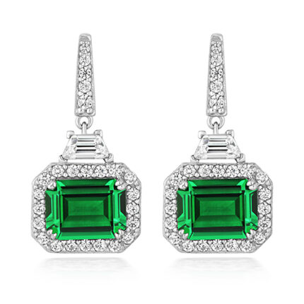 925 Sterling Silver Halo Style Emerald Round and Trapezoid Cz Stud Earrings - 10x8 mm