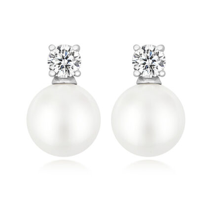 925 Sterling Silver Claw Set Round Cz and Pearl Stud Earrings - 10x4.5 mm