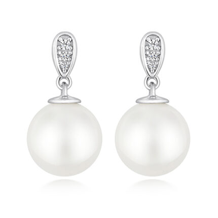 925 Sterling Silver Pave Set Round Cz and Pearl Drop Earrings - 10 mm