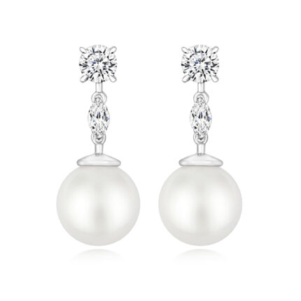 925 Sterling Silver Claw Set Round and Marquise Cut Cz and Pearl Drop Earrings - 10 mm