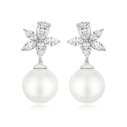 925 Sterling Silver Cluster Pear and Marquise Cut Cz and Pearl Drop Earrings - 11 mm