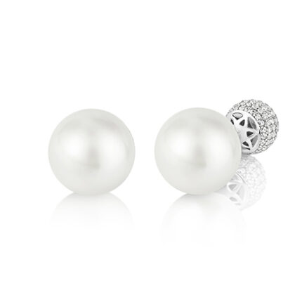 925 Sterling Silver Pearl and Pave Set Ball Back Stud Earrings - 14x9 mm
