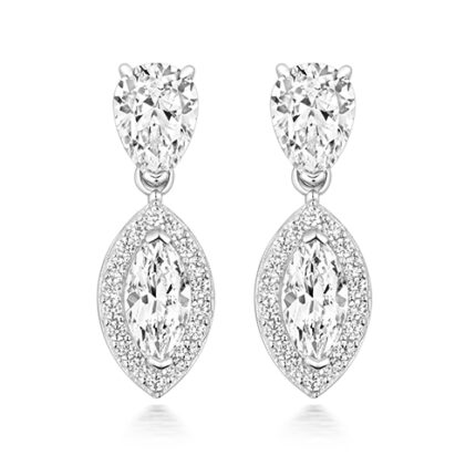 925 Sterling Silver Halo Style Marquise and Pear Drop Earrings - 8x4x7x5 mm