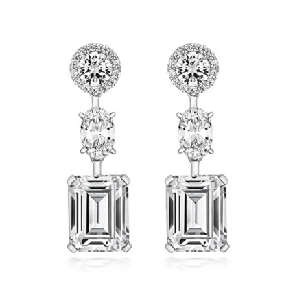 925 Sterling Silver Halo Style Round Cz With Claw Set Emerald and Oval Cz Drop Earrings