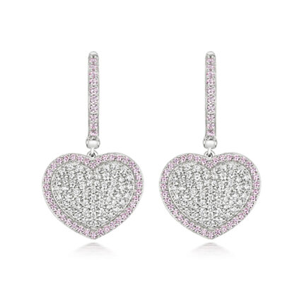 925 Sterling Silver Pave Set Heart Pink and White Cz Drop Earrings